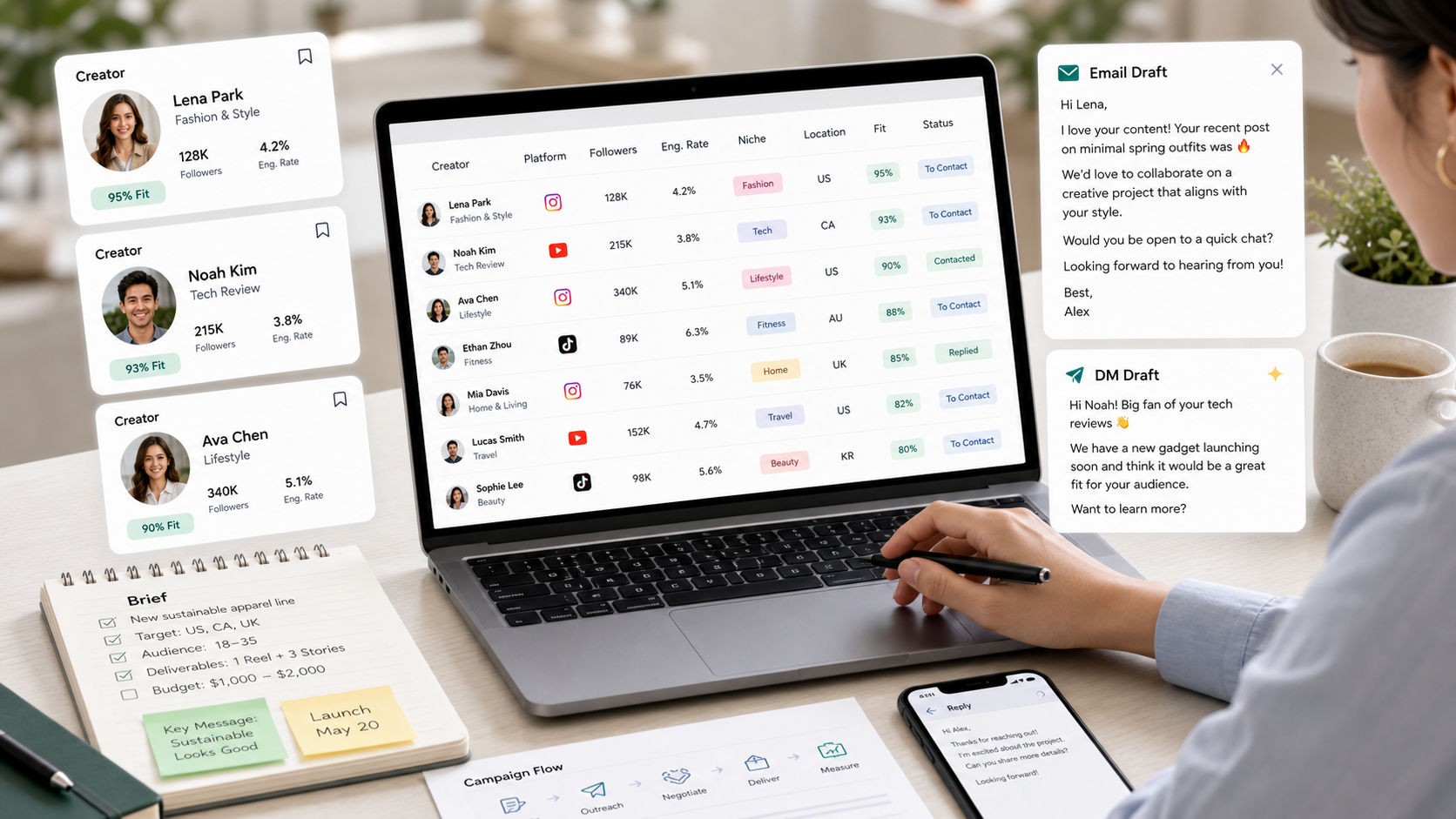 A brand team preparing influencer outreach emails, creator profiles and campaign briefs