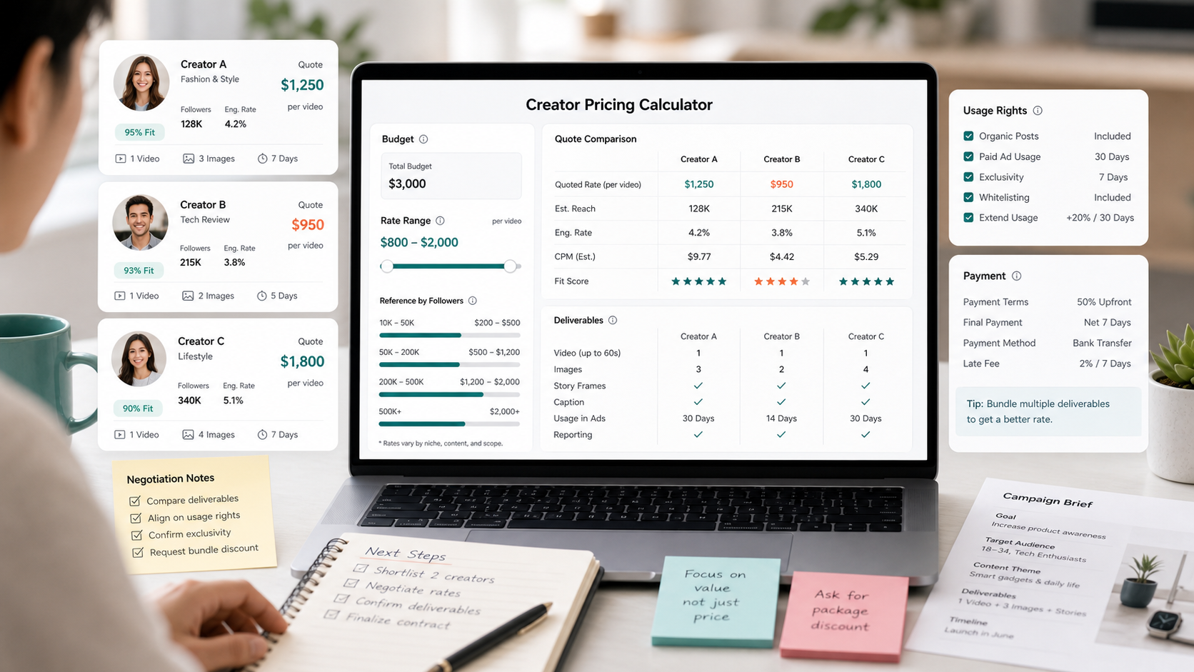 A creator pricing calculator dashboard comparing influencer quotes, deliverables and usage rights