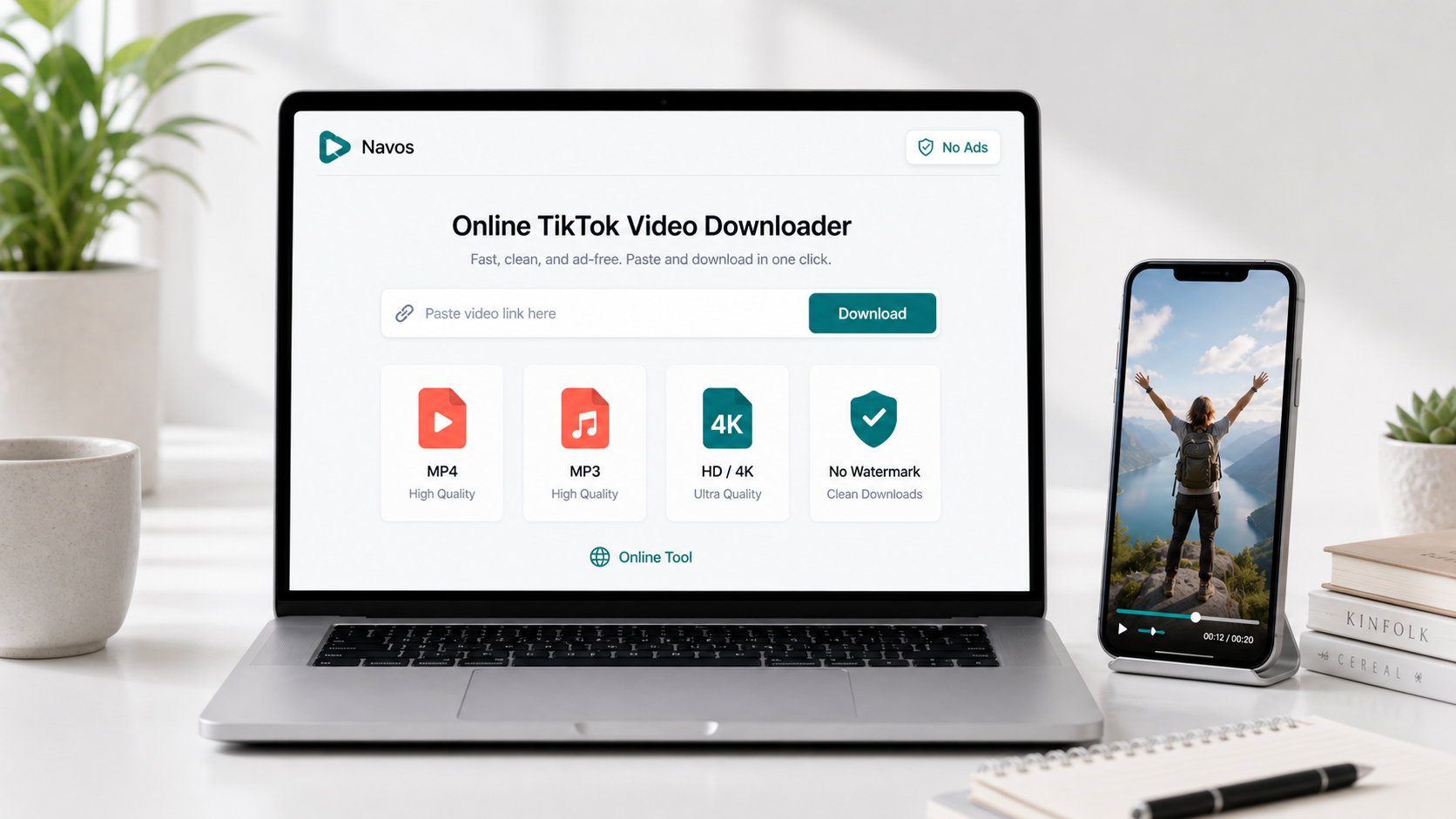 Free ad-free online TikTok video downloader with MP4, MP3, HD/4K and no-watermark options