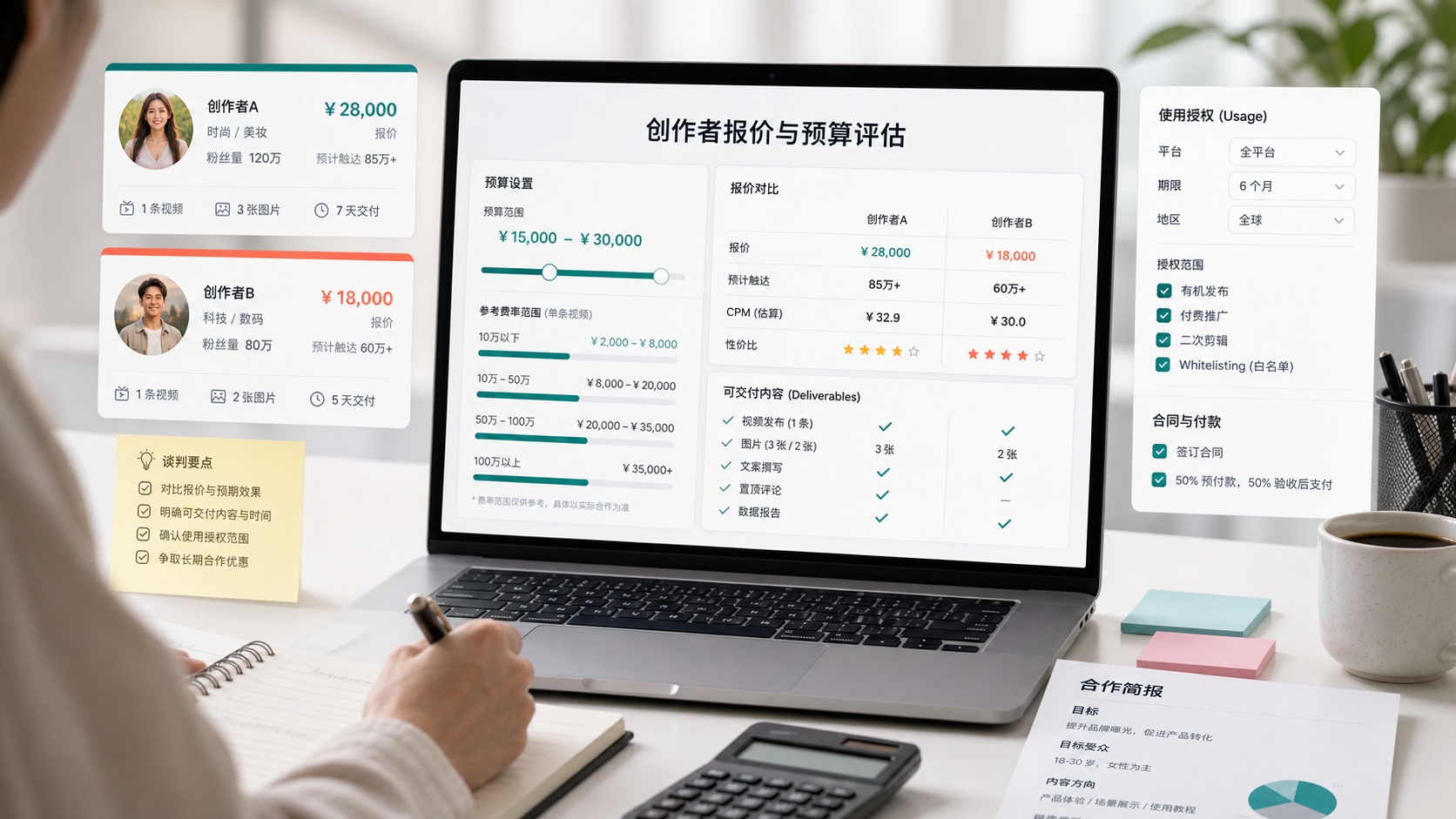 品牌方审核达人报价、预算区间、交付清单和授权范围