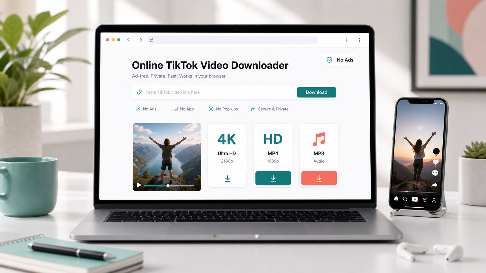 Ad-free online TikTok video downloader with no pop-ups, 4K, HD MP4 and MP3 options