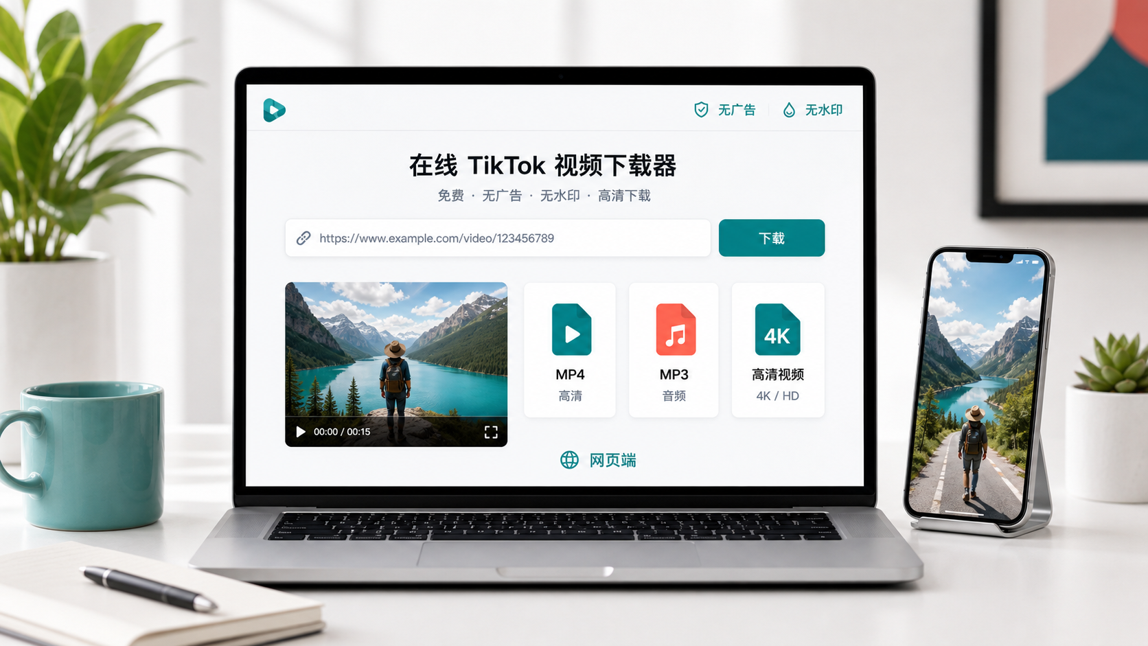 免费无广告在线 TikTok 视频下载器,支持无水印、MP4、MP3 和 HD/4K