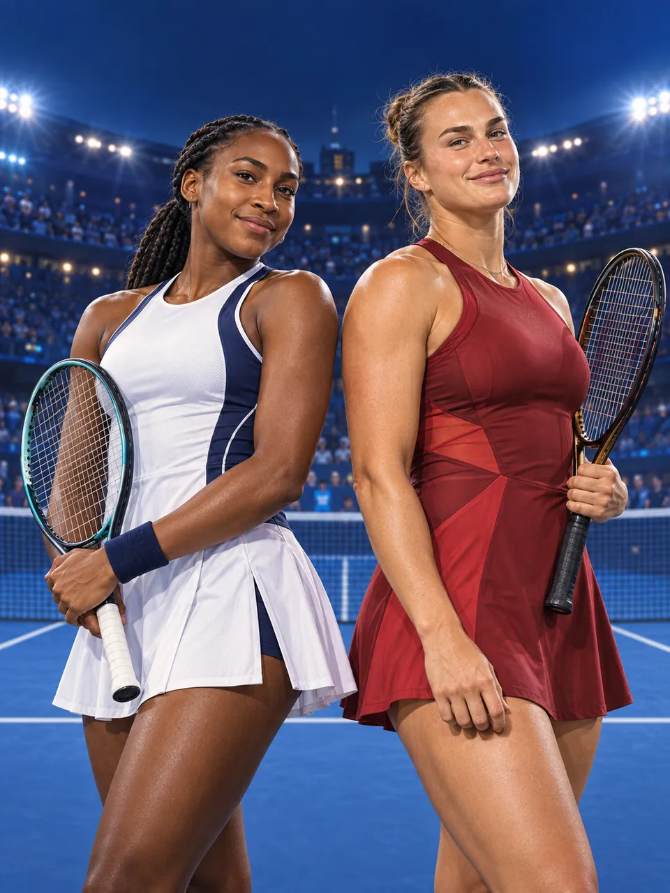 AI fan art depicting Coco Gauff and Aryna Sabalenka on a tennis court; not a match photograph