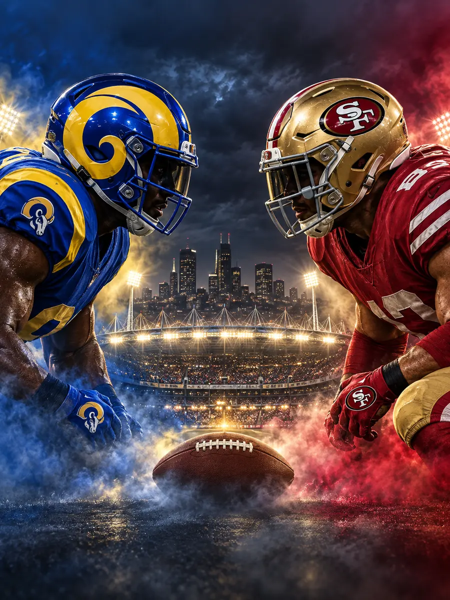 AI fan-art Rams vs 49ers matchup illustration with blue-and-gold and red-and-gold helmets; not an event photograph